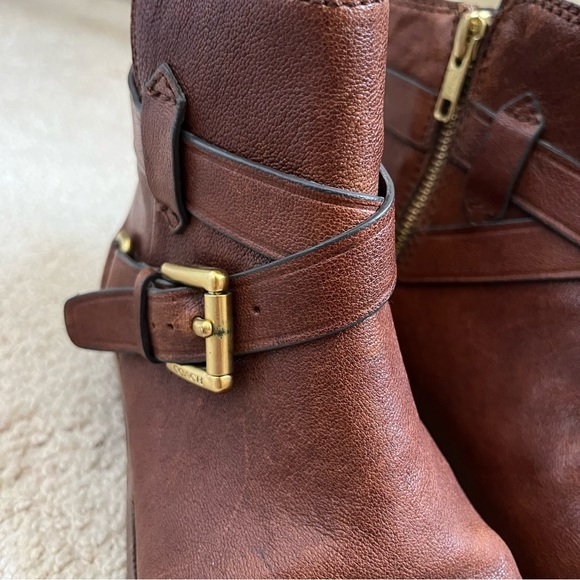Coach Leoda Dark Ginger Distressed Brown Leather Bootie Ankle Boots Buckle 6.5 - Picture 4 of 14